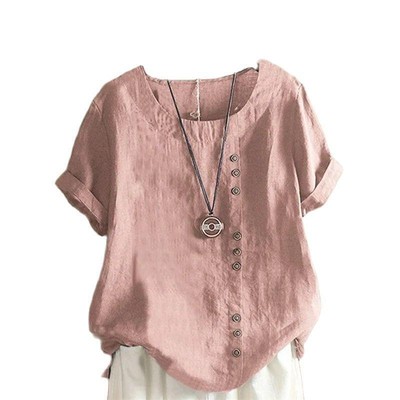 Plus Size Women Cotton Linen Baggy Tops Short Sleeve Casual Loose T-Shirt Blouse