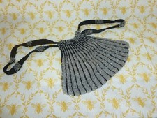 Antique Victorian Bag Beaded Purse 1900s Black Silver Micro Reticule Handbag
