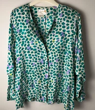 Vintage Sumiko of America 100% Silk Green Dot Women’s XL Blouse Retro 1980’s EUC
