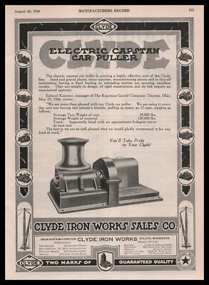 1926 Clyde Iron Works Co. Duluth Minnesota Electric Capstan Car Puller Print Ad