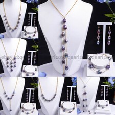 Natural Black Freshwater Pearl Chain Pendant Necklace Bracelet Earrings Set