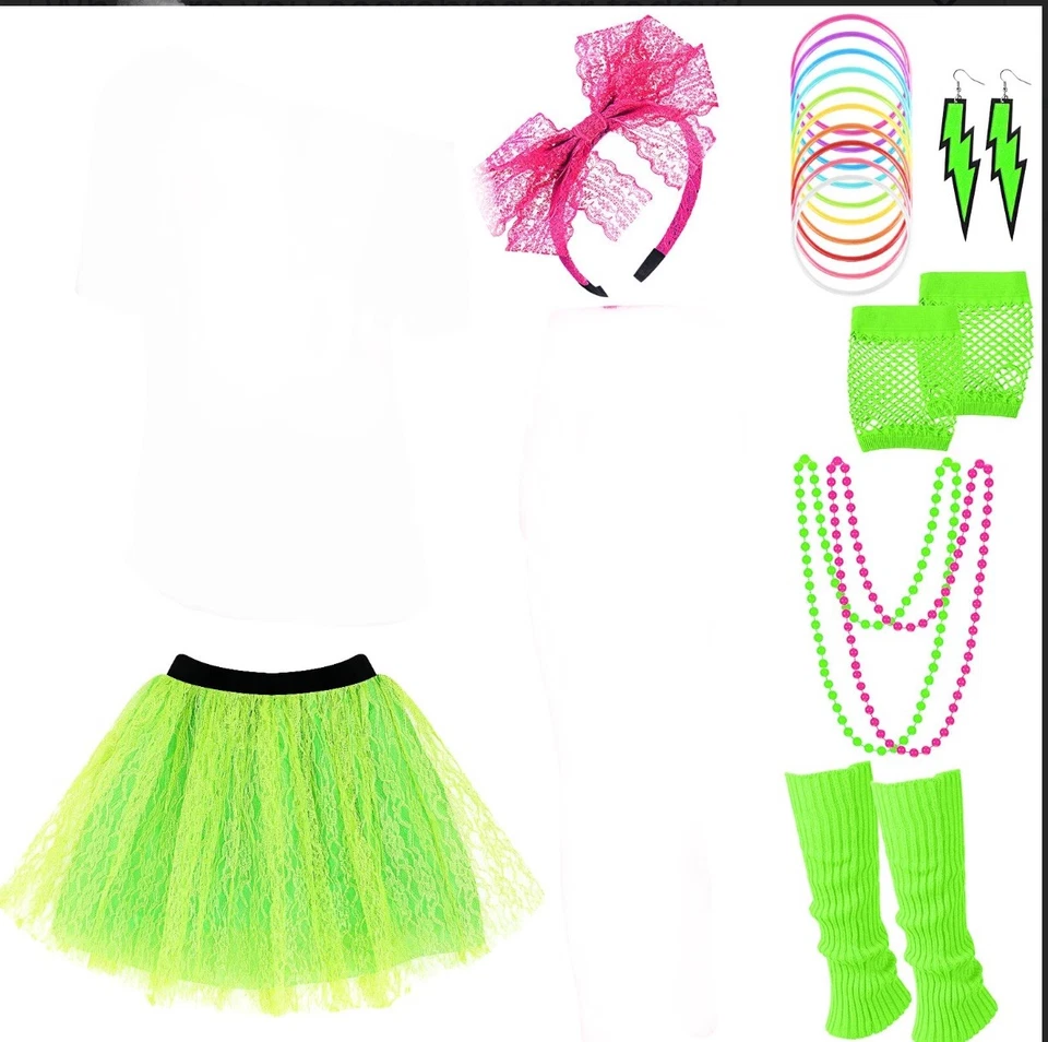 Conjunto de accesorios de disfraz para mujer años 80 con falda tutú, calentadores de piernas, joyas, etc. Foto 2 de 4