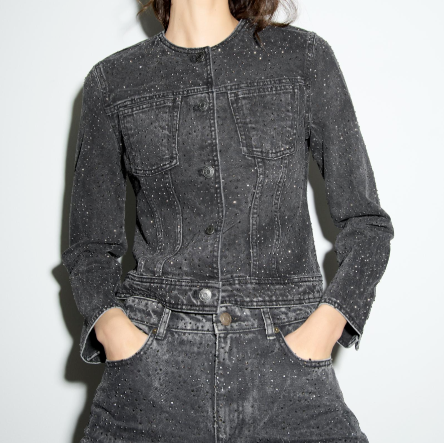Zara Sequinned Denim Jacket ZW Collection Grey Rhinestone XS S M
