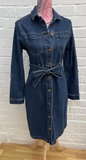 Papaya Denim Shirt Dress UK 10 Dark Blue Belted Pockets Stretchy
