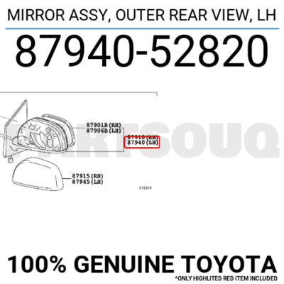 8794052820 Genuine Toyota MIRROR ASSY, OUTER REAR VIEW, LH 87940