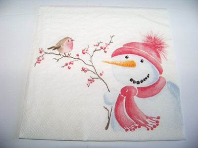 3 Servietten Bird on Twig Vögelchen auf Ast mit Schneemann Weihnachten