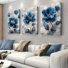 3pcs Abstract Blue Flowers Modern Style Wall Art  Canvas Unframed/Framed