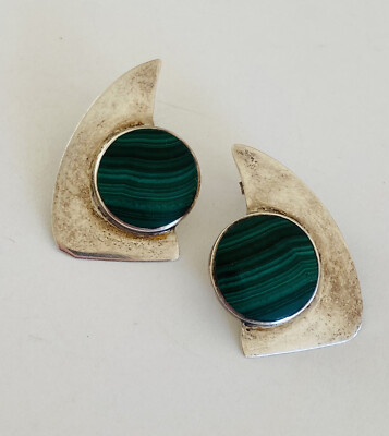 Vintage Southwestern Modernist Sterling Silver Green Malachite Earrings