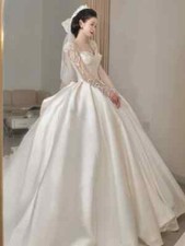 Wedding Dresses Illusion Applique Sequined Beads Full Sleeve Bow Bridal Gowns