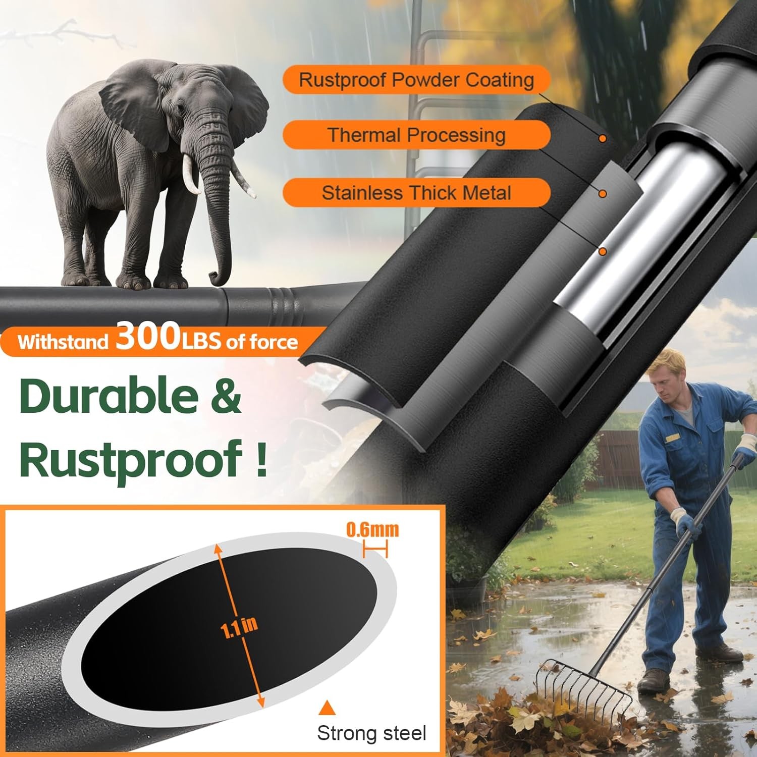 Garden Rake, Heavy Duty 11 Tines Metal Thatch Rake for Gathering Hay Dead Grass 