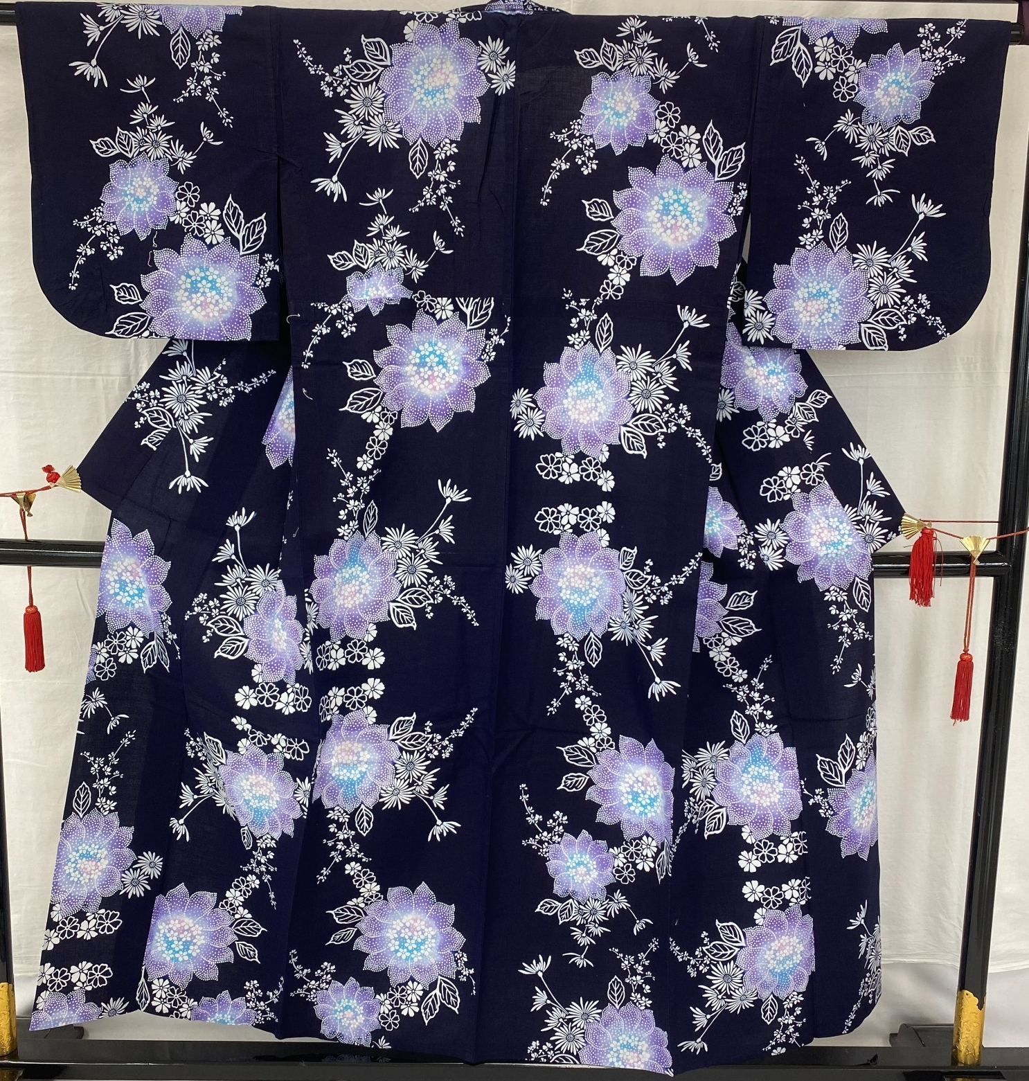 Japanese Vintage Kimono Yukata Cotton Navy No Lining Traditional Length 59 in