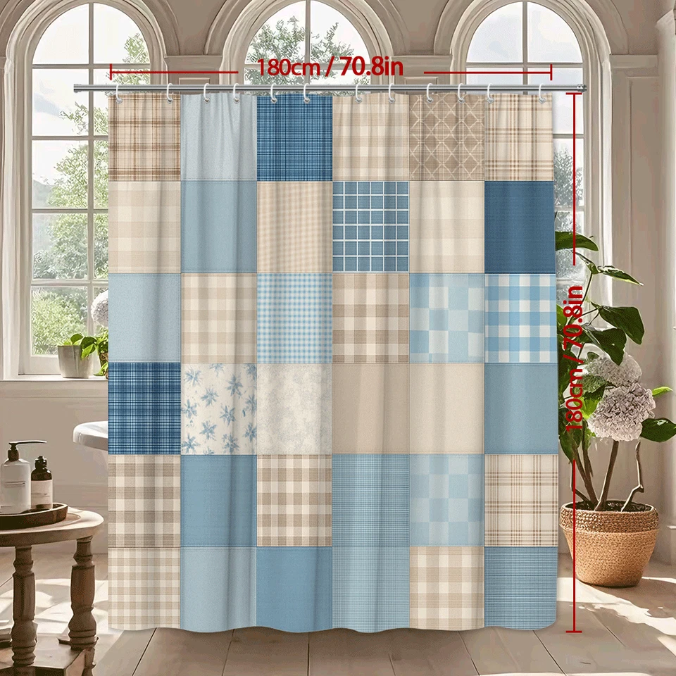 Cortina de ducha de tela de retazos azules - estilo granja Foto 3 de 4