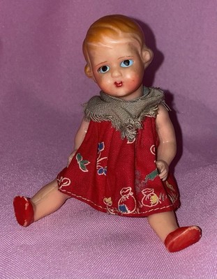 Celluloid Baby Toddler Doll Made In Italy 5  Vintage Original Dress Articulated