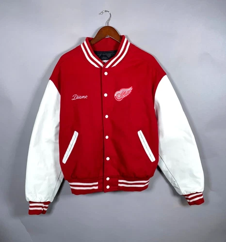 VTG Detroit Red Wings Wool Leather Varsity Jacket Adult Large Chain Stitch