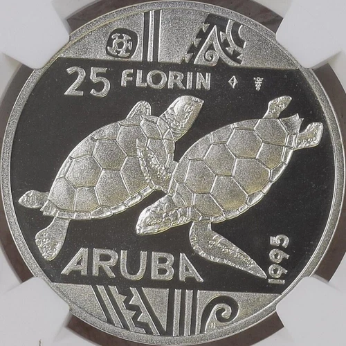 ARUBA. 25 Florin, 1995, Silver - NGC PF68 - Sea Turtles, 🌈 Toned, RARE