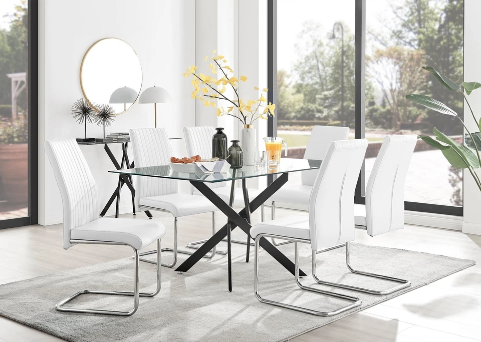 LEONARDO Rectangle Glass and Black Leg Dining Table & 6 Faux Leather Chairs
