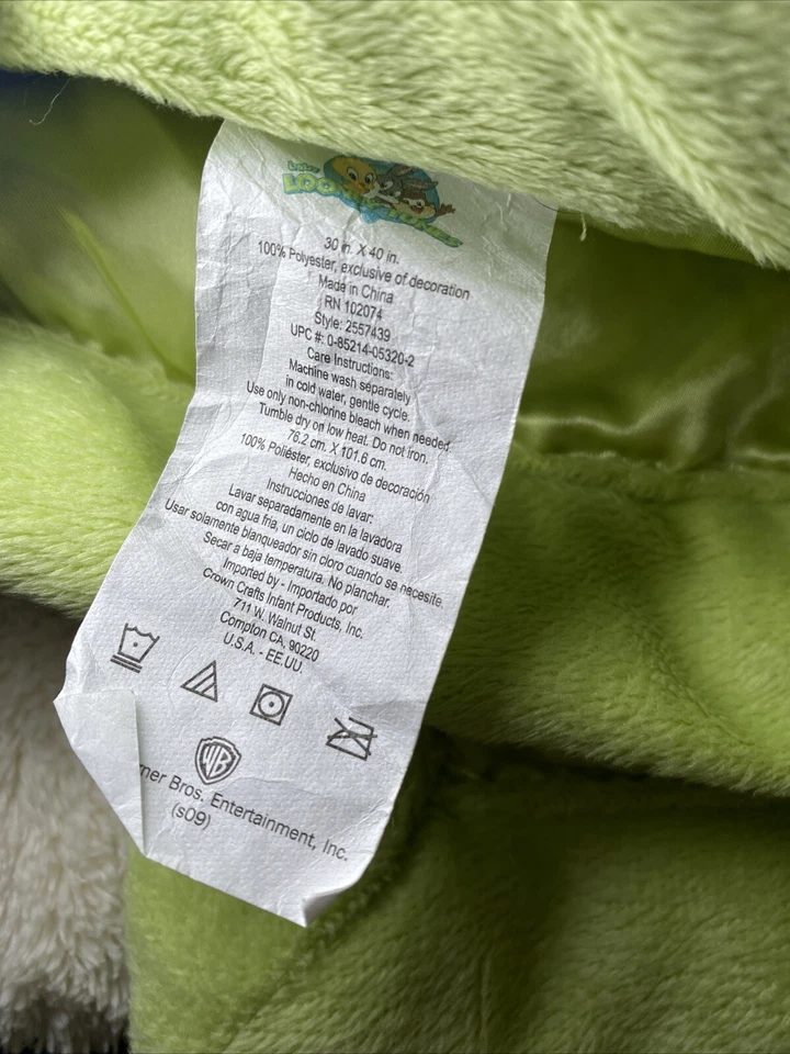 Manta Looney Tunes Baby Bugs Bunny Piolín Taz Verde Crema Borde Satinado Espalda Difícil de Encontrar Foto 3 de 4