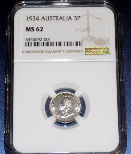 1934 AUSTRALIA THREEPENCE AUSTRALIAN 3P NGC MS62 MS 62 KM# 24 Certified UNC Coin
