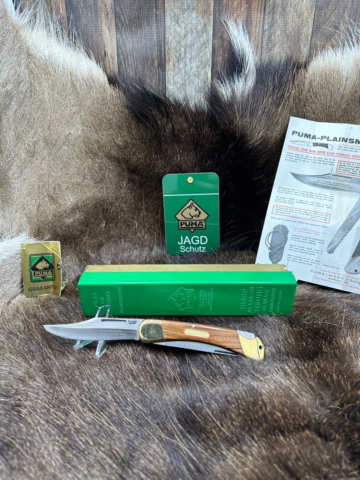 1969 Vintage 971 Puma Plainsman Coltello Manici Jacaranda Nuova Nuova Borsa Verde A3