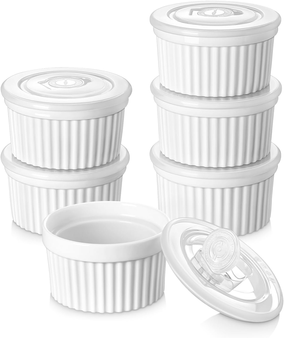 6 Oz Ramekins with Lid, Porcelain Creme Brulee Souffle Dishes, White Pudding Cus