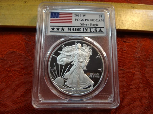 2019 W 1 Oz American Silver Eagle $1 - PCGS Graded PR70 DCAM - USA Flag Label