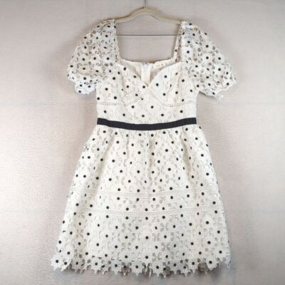 Just Me Women's White Lace Floral Eyelet Puff Sleeve Dress Size L