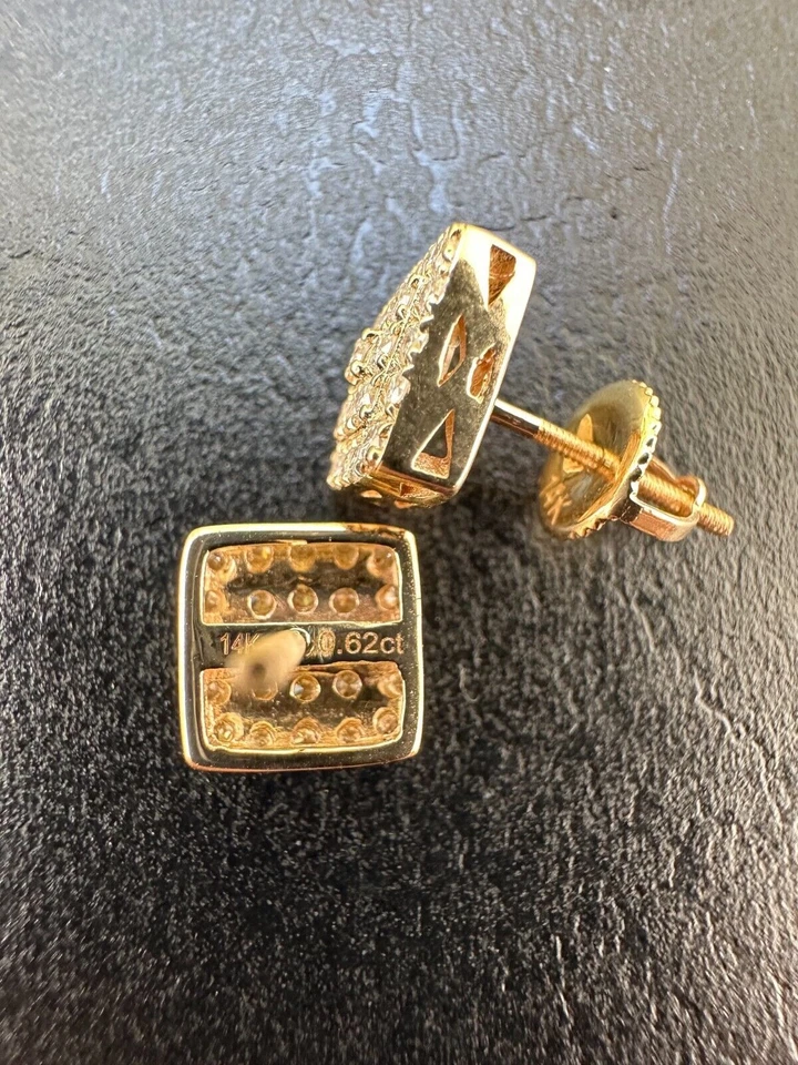 Pendientes cuadrados de hip hop helado de oro amarillo sólido de 14 k con diamantes reales VVS de 1,32 quilates para hombre Foto 3 de 4