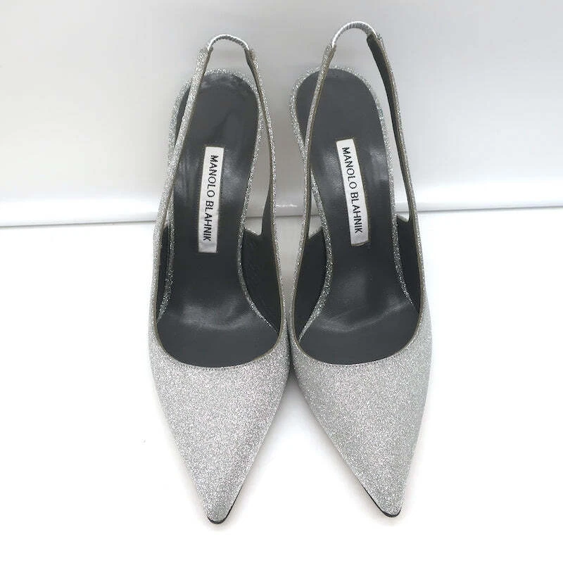 Manolo Blahnik Allura Glitter Slingback Pumps Silver Size 38.5 Pointed Toe Heels - Image 3 of 4