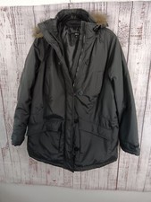 Ellos Coat Jacket Women’s 12 Small Hooded Black Parka Zip-up Pockets Button