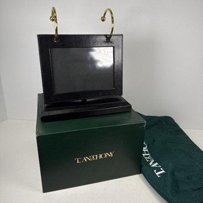 T Anthony Italy Black Calf Leather Desk Photo Frame Flip Album w Box VTG