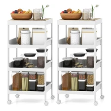 2PCS 4 Tier Utility Rolling Cart Rolling Storage Cart with Detachable Tray Top