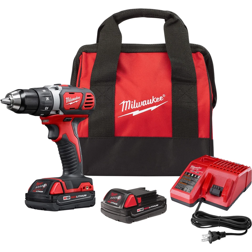 Milwaukee M18 Li-Ion Cordless Compact Electric Drill Driver Kit, 2 Batteries,