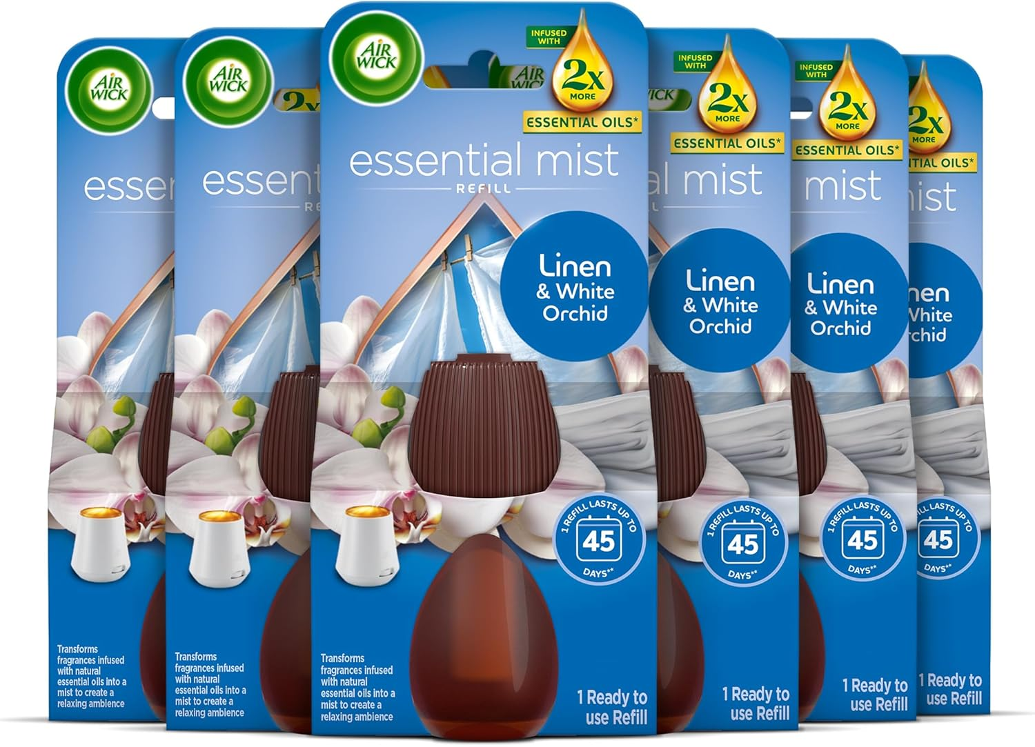 Air Wick Essential Mist Refills, Linen & White Orchid, Pack 6 X 20Ml, Natural Es