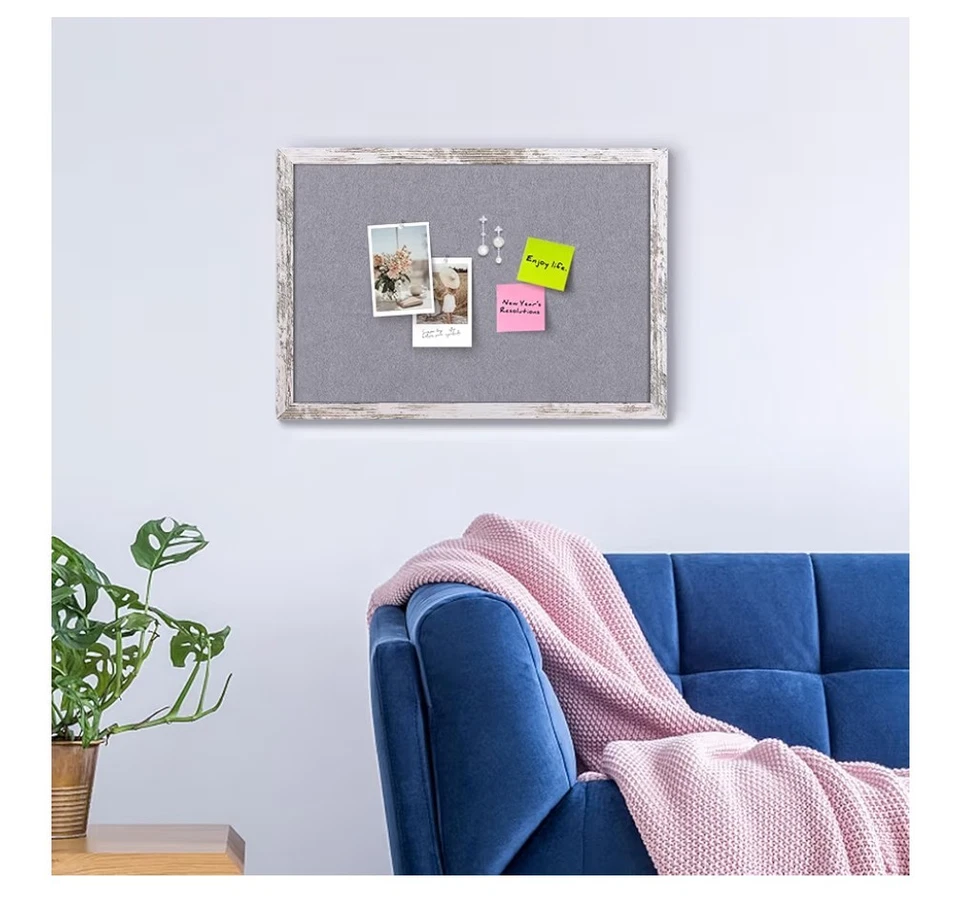 Gray Felt Cork Bulletin Board White Rustic Wood Frame Pin Board Vision Board - Image 4 of 4