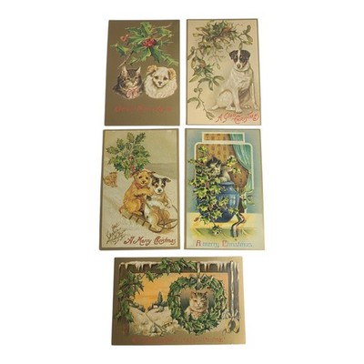 Lof of 5 Vintage 1982 Merrimack Publishing Christmas Cat & Dog Postcards Unused
