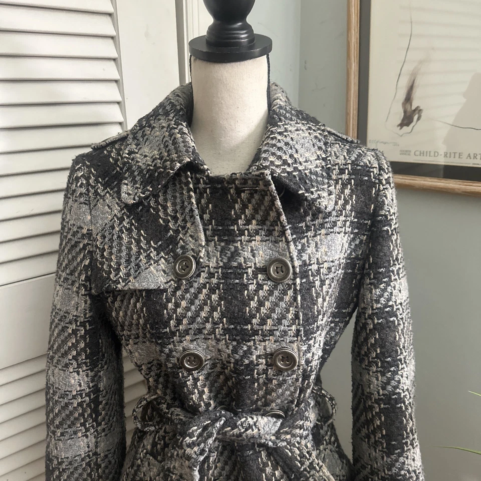 Abrigo DKNY Mujer 8 Azul Gris Cuadros Tweed Cinturón Doble Pecho Invierno Preppy Foto 4 de 4