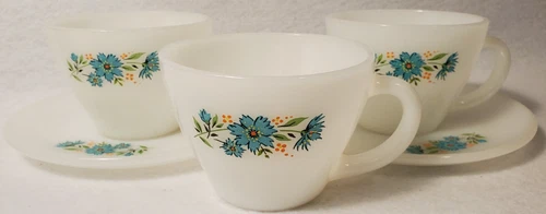 Vintage Fire-King Dinnerware Blue Corn Flower Coffee/Tea Cups & Saucers 5 Piece