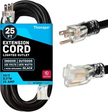 10 Gauge 25 Ft Extension Cord Heavy Duty Outdoor SJTW 3 Prong Lighted Plug