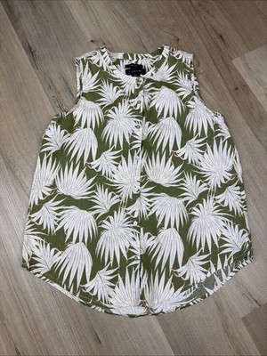 Tahari Women's Linen Blouse Tropical Palm Print, Button Front, Sleeveless, Large