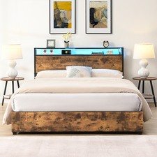 LED Light Queen Bed Frame with 4 Storage cabinets Headboard and Charging Station