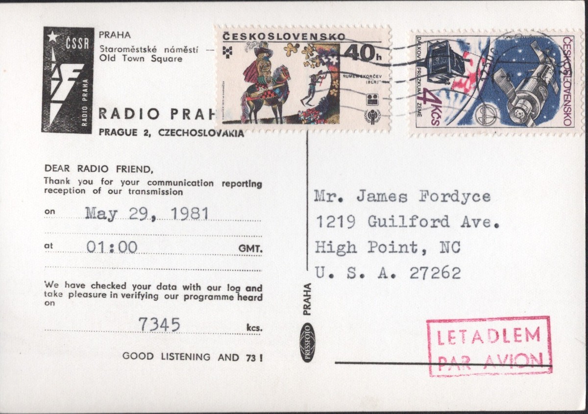 QSL OLR Radio Praha 7345 kcs Prague Czechoslovakia Shortwave DX
