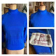 Cadillac VTG Knit Pullover Sweater 12 Italy Virgin Wool Blue 60s Medium FLAW