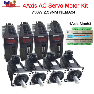 4kits 750W 2.4NM AC Servo Motor Nema34 4Axis Mach3 Motion Controller CNC Router