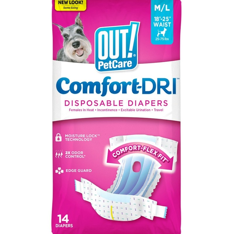 OUT! PetCare COMFORT-DRI Female M/L DISPOSABLE DOG DIAPERS 25-75-Lbs. 14-Ct ~New