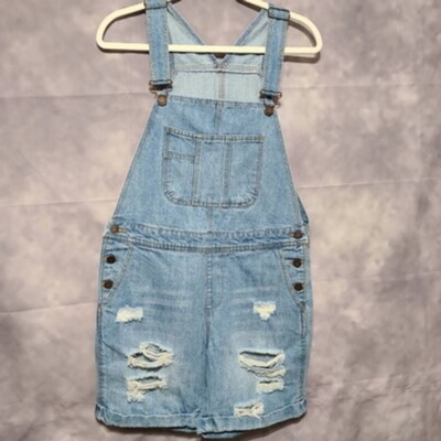Life In Progress Denim Overalls Distressed Ripped Jean Shortalls Romper S