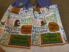 LOT OF TWO  BRAND NEW HANDMADE CROCHETED HANGING KITCHEN TOWELS WITCH SAYINGS