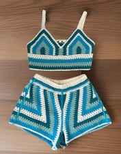 Rebellion Crochet 2 Piece Set Blue White Shorts Set Womens M Boho Festival