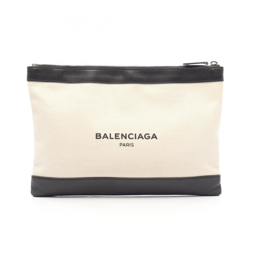 BALENCIAGA Navy Clip M Canvas Leather Pouch Clutch Bag Ivory Black Auth