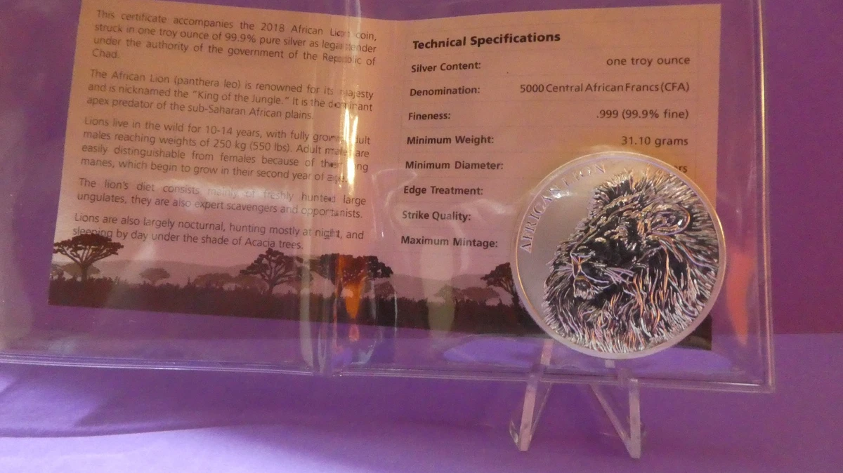 León Africano 2018 ( Arican Lion ) 1 oz Fine silver República de Chad con COA