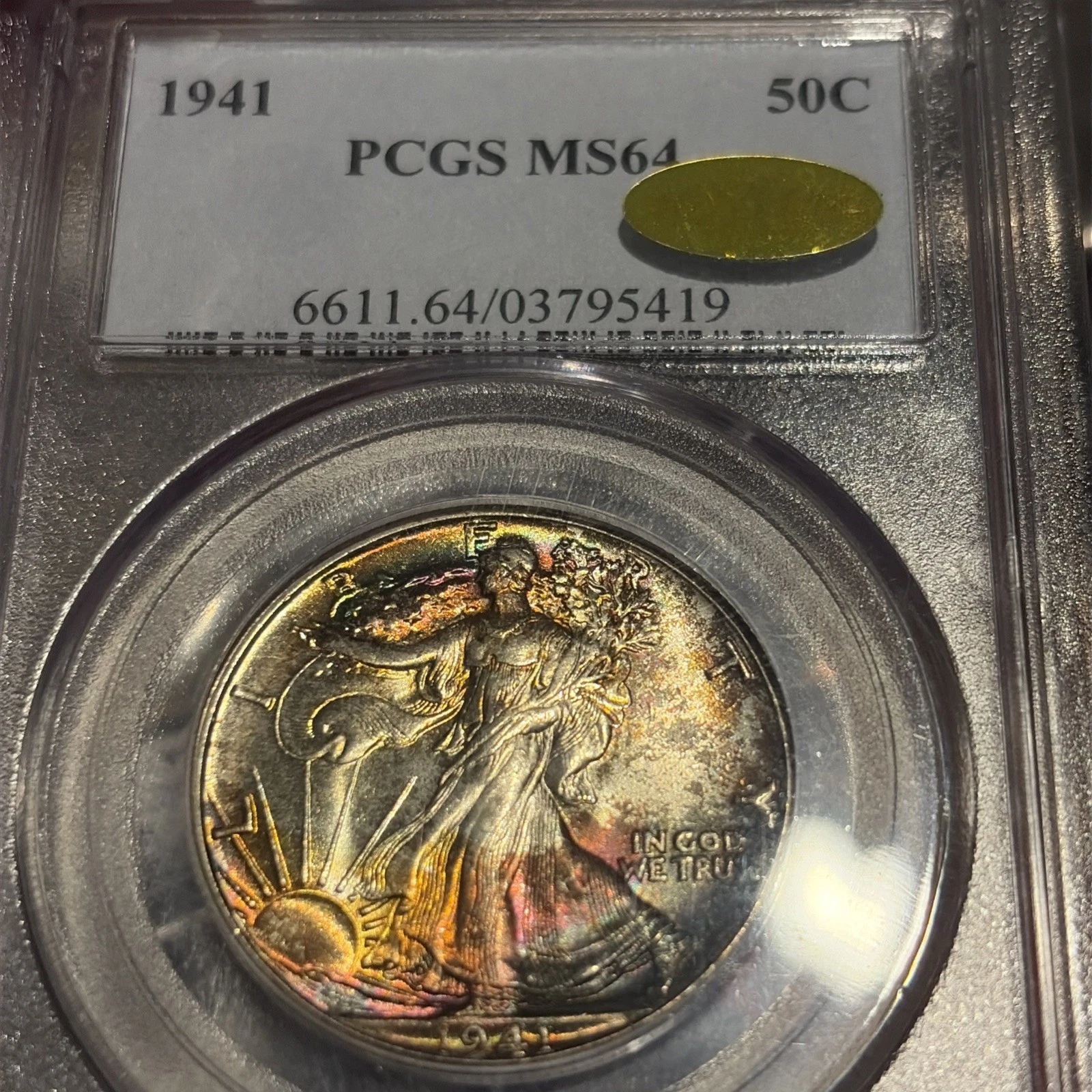 1941 Walking Liberty Half Dollar 50C PCGS MS64 CAC Gold Label! Insane Toner!